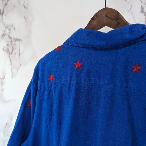 Quacker Factory Shirt Women 1X Linen Button 4th July Star Flag Short Sleeve - Picture 6 of 13